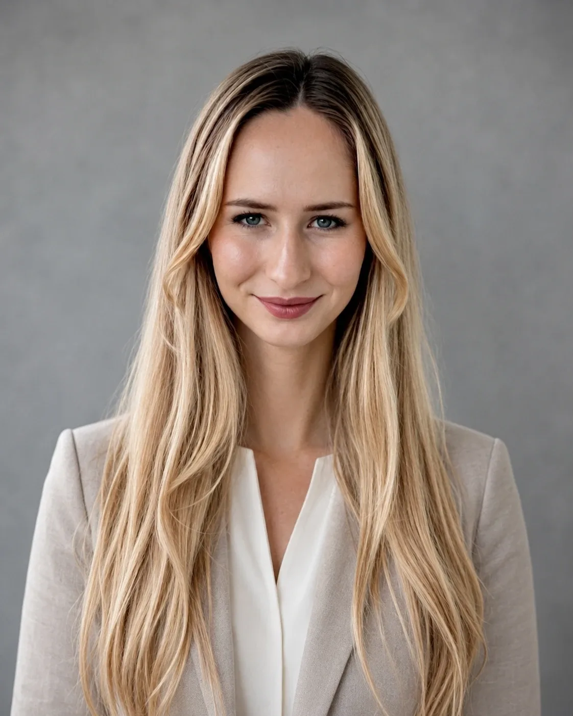 Saskia Heer, Porträt vor grauem Hintergrund